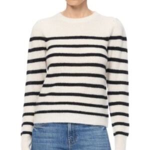 360 Cashmere Laurel Striped Cashmere Sweater, size L, Cream with Black Stripe